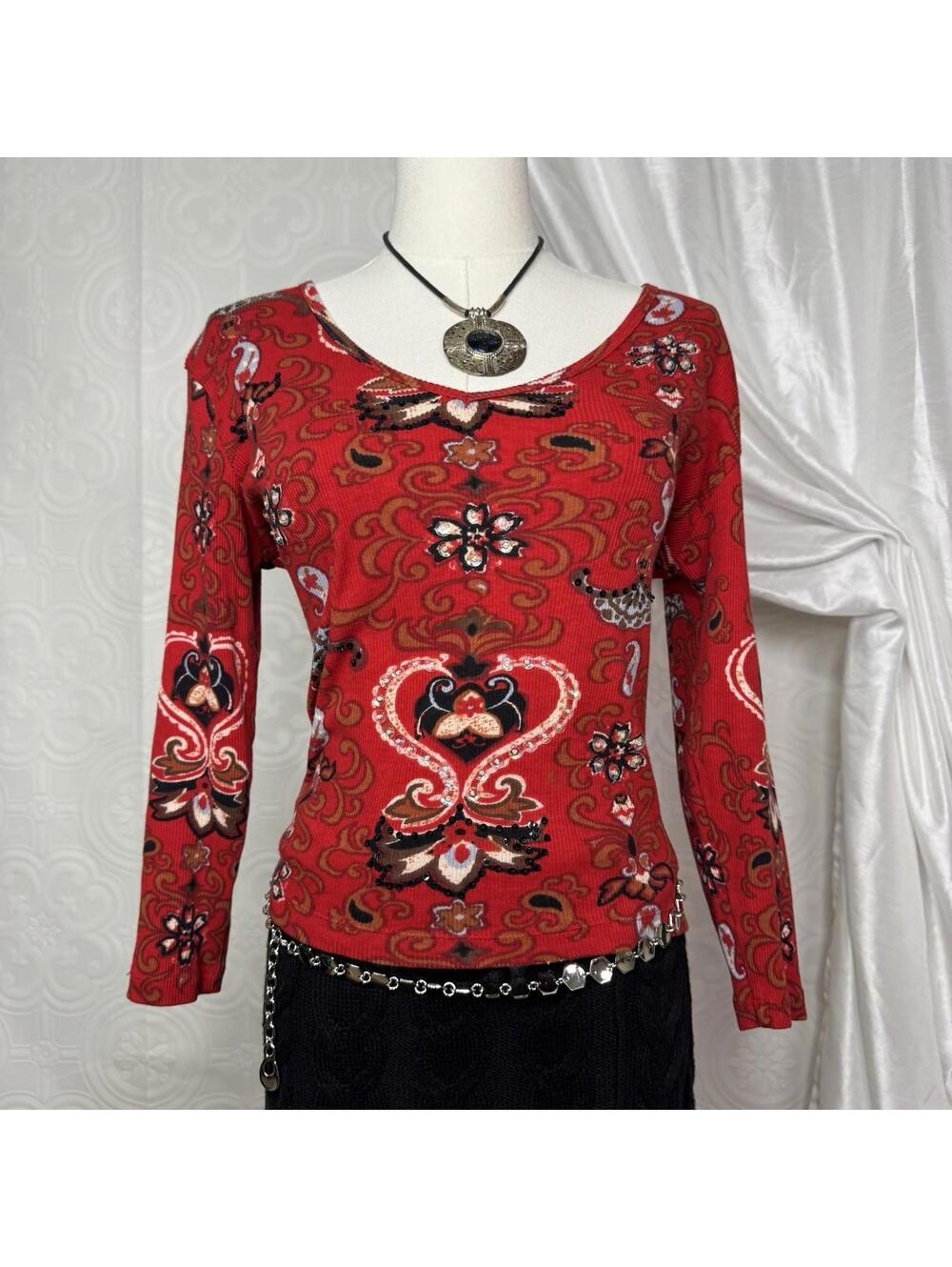 Vintage Pierre Cardin Red Paisley Sweater Size Med Long Sleeve Sequin Pullover